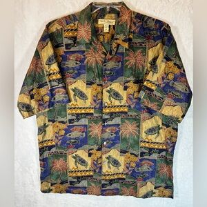 Vintage Tori Richard Hawaiian Print Cotton Lawn Shirt Size L Turtle Fish Aloha